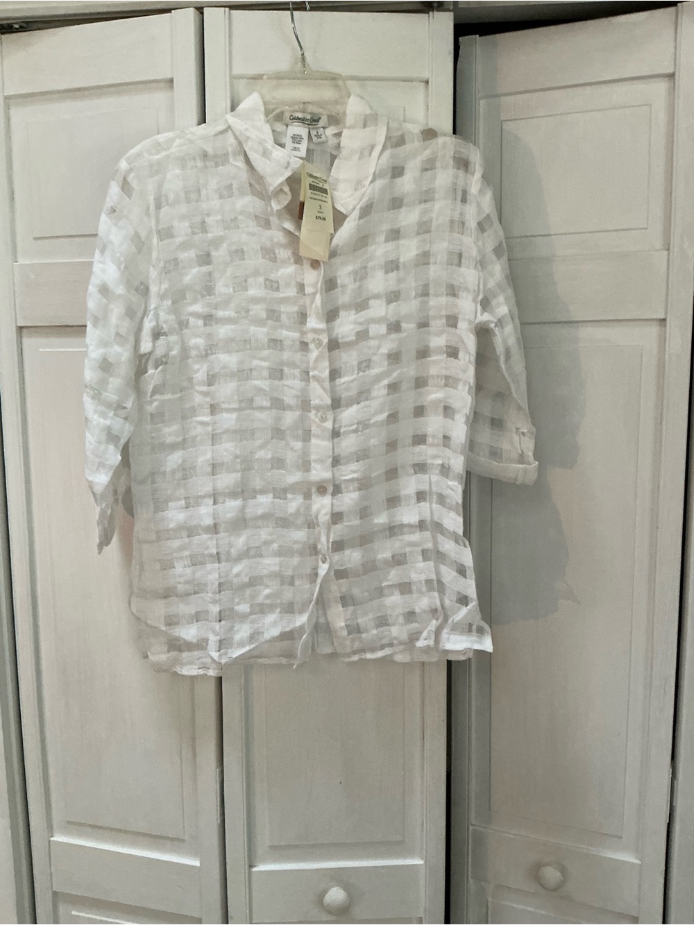 Coldwater Creek White Sheer Check Button-Up Shirt